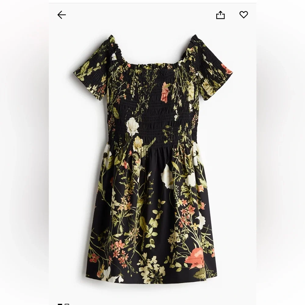 NWT H&M Smocked mini dress, black floral, size XL - Picture 1 of 5